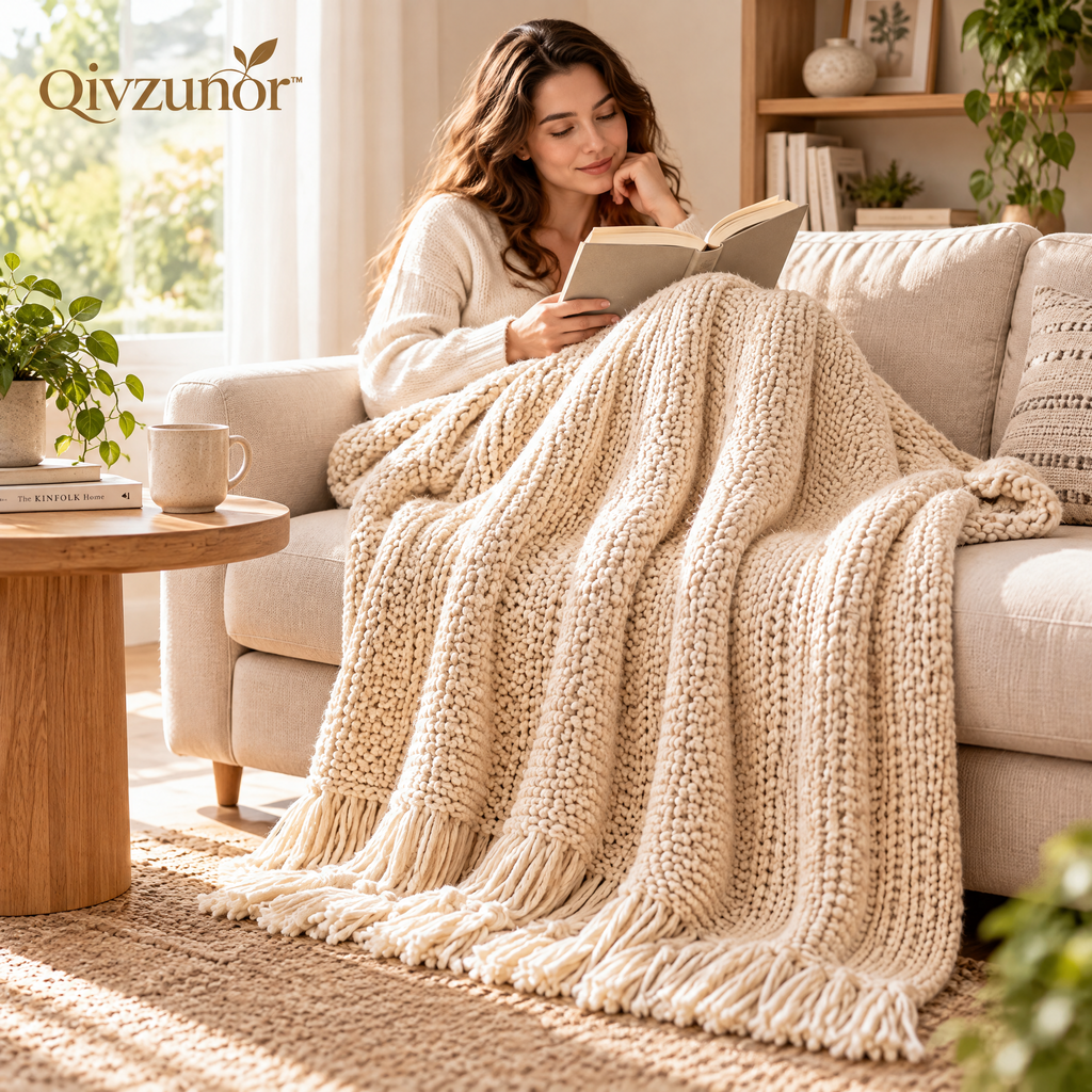 qivzunor™ Chunky Knit Throw Blanket with Fringe