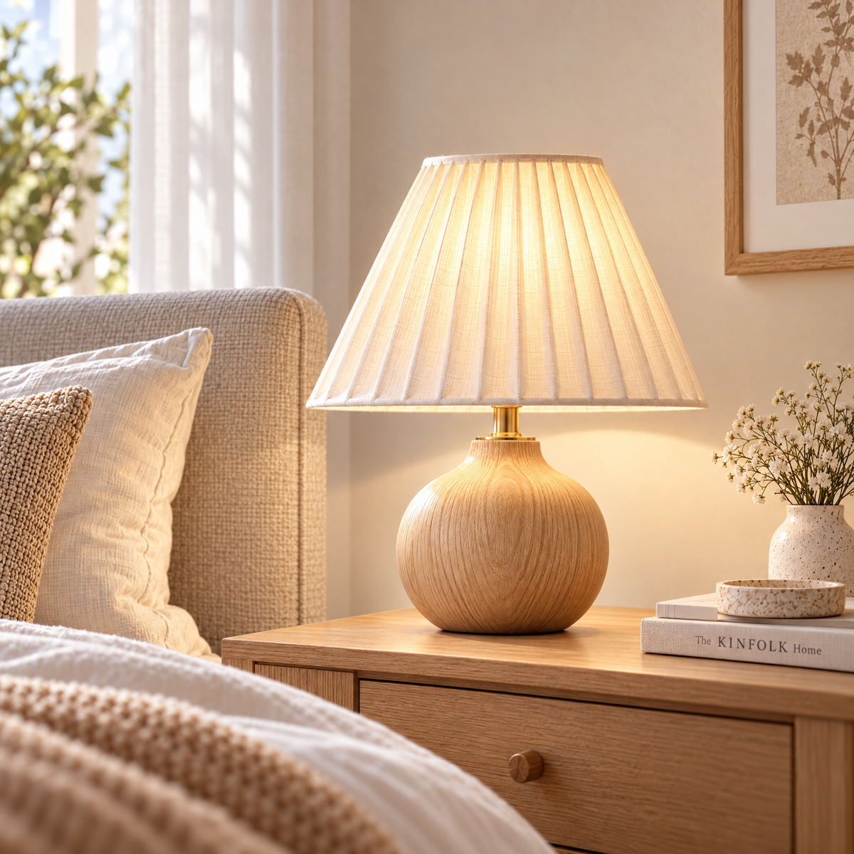 qivzunor™ Wood-Look Table Lamp with Pleated Fabric Shade