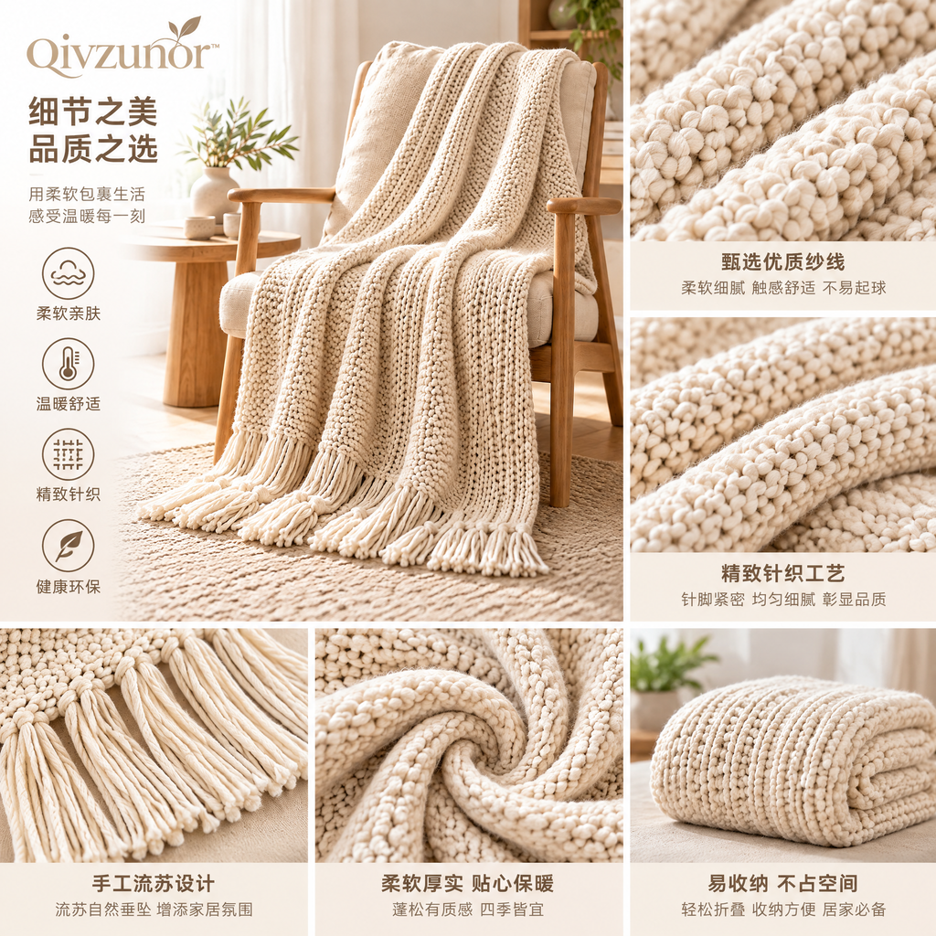 qivzunor™ Chunky Knit Throw Blanket with Fringe