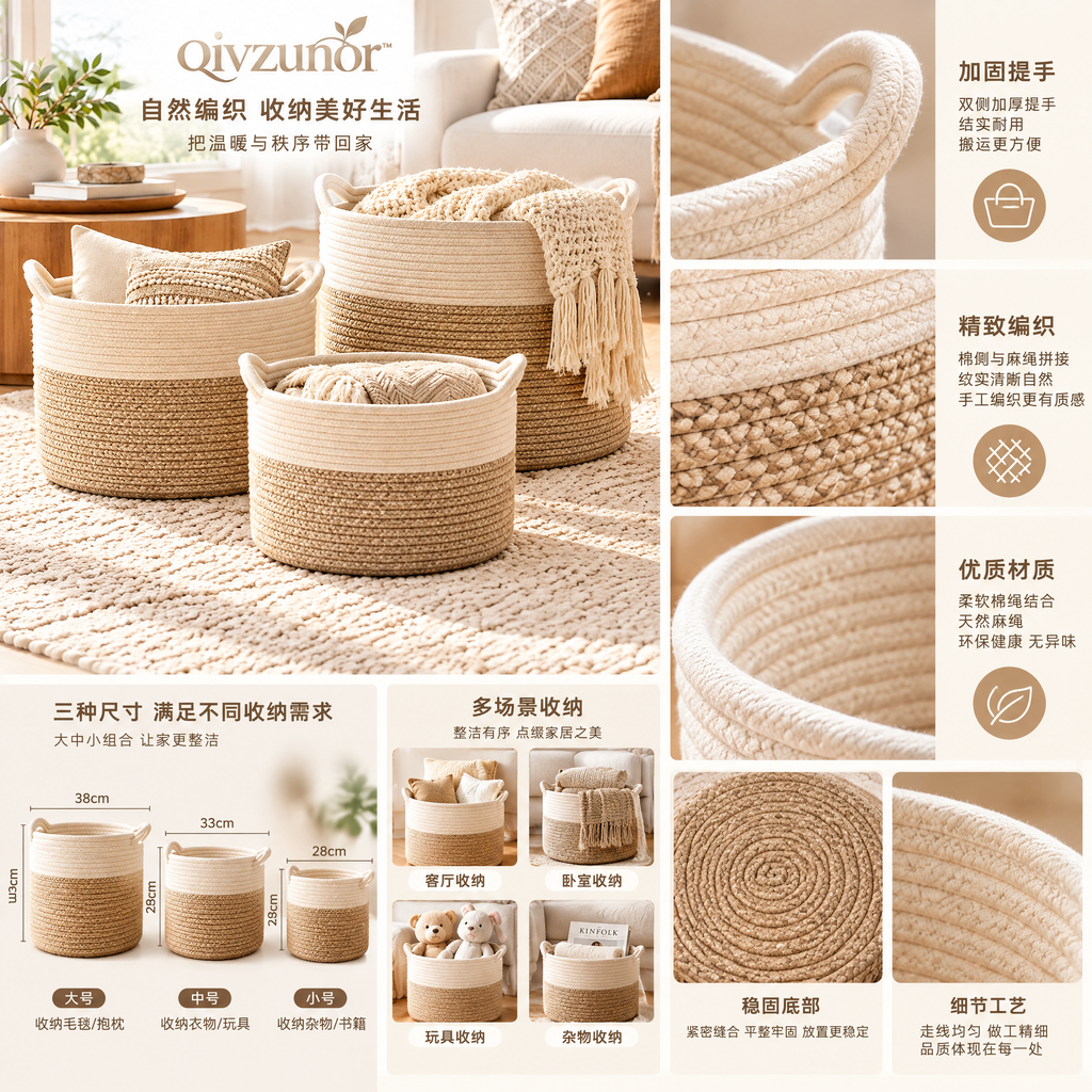 qivzunor™ Two-Tone Woven Storage Basket Set