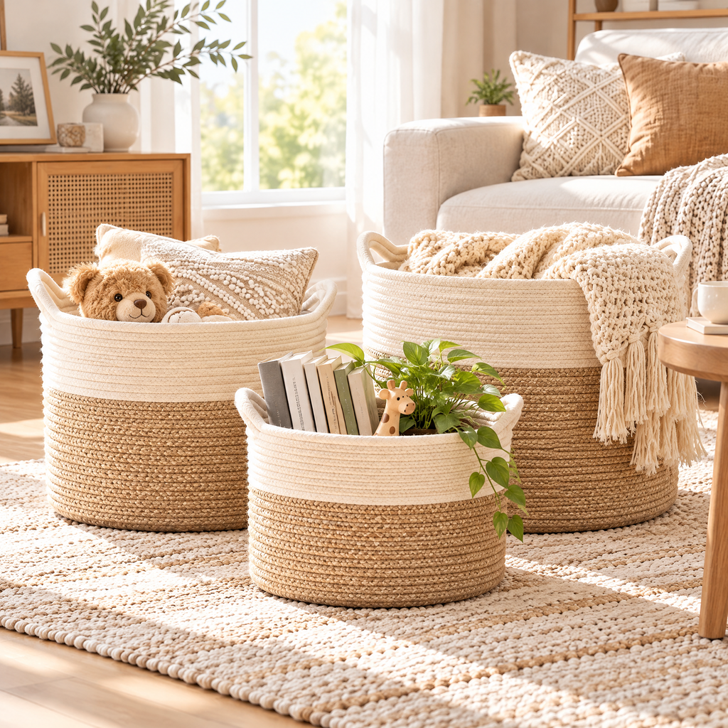 qivzunor™ Two-Tone Woven Storage Basket Set