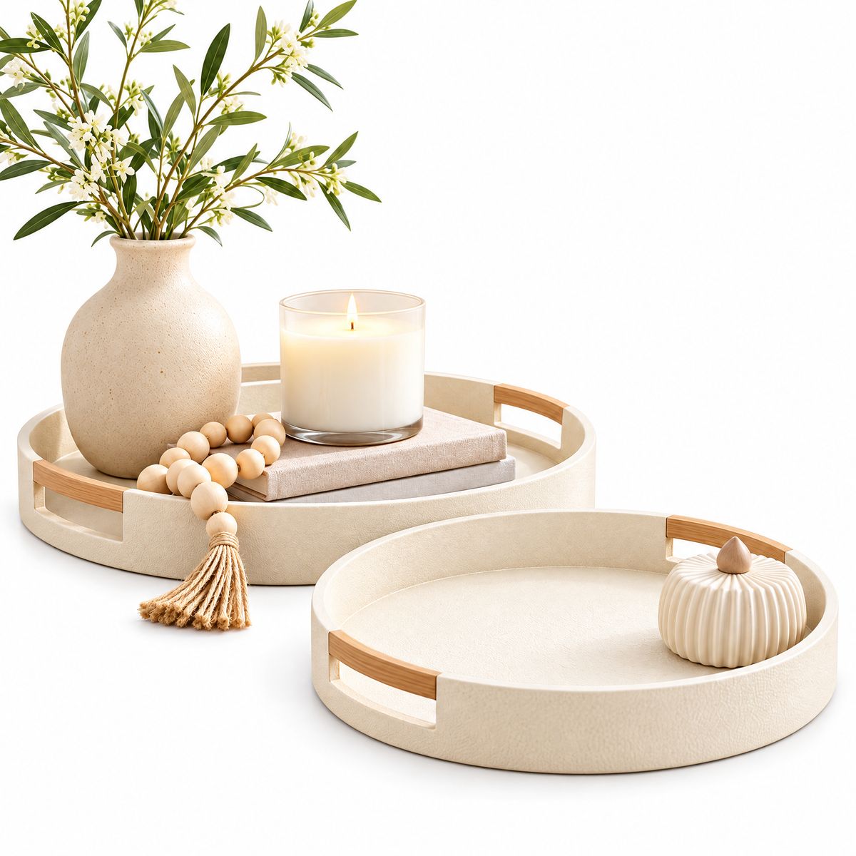 qivzunor™ Round Decorative Tray Set with Wood-Look Handles