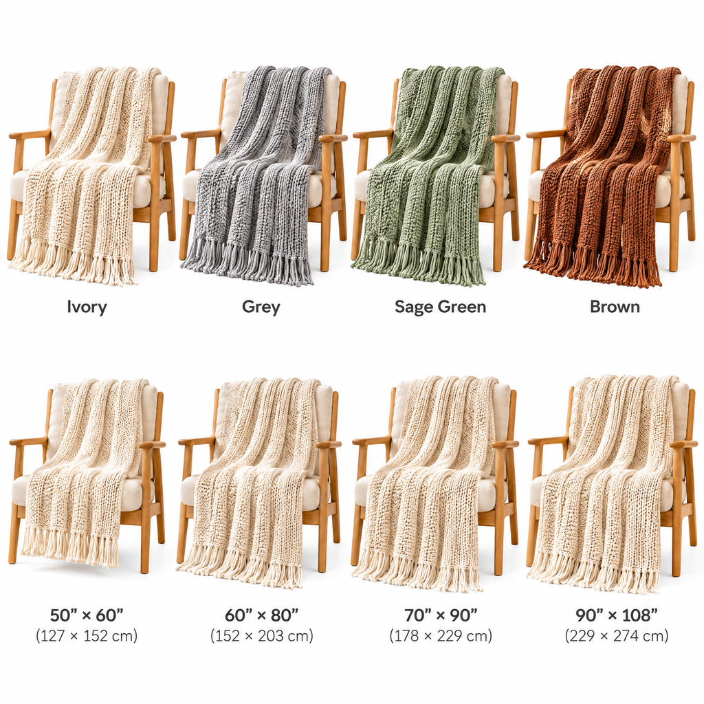 qivzunor™ Chunky Knit Throw Blanket with Fringe