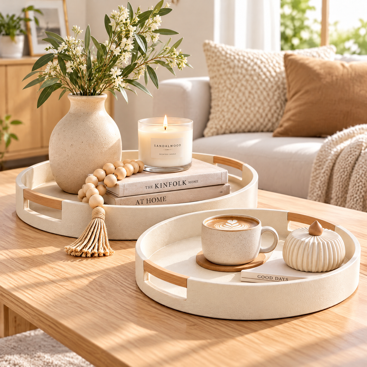 qivzunor™ Round Decorative Tray Set with Wood-Look Handles